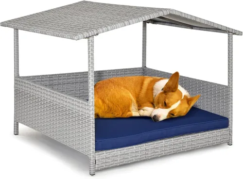 Vista 11 de Tangkula Casa de mimbre para perros, cama elevada de ratán para interiores y exteriores con cojín extraíble, funda lavable, techo impermeable