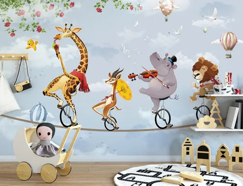 Vista 3 de Murwall Kids Wallpaper Cartoon Slackline Wall Mural Cute Animals Wall Print Childroom Wall Decor Girls Boys Bedroom Play Room Baby Rooms