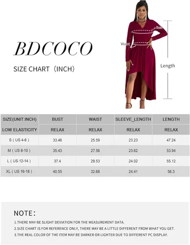 Vista 4 de Bdcoco Womens V Neck Lace Hi Low Cocktail Party Dress Long Sleeve A-Line Swing Gowns
