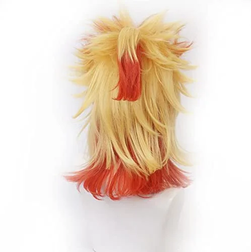 Vista 4 de Peluca de cosplay de 17.7 in Demon Slayer Kimetsu no Yaiba Rengoku Kyoujurou peluca Cosplay traje resistente al calor hombres mujeres pelucas