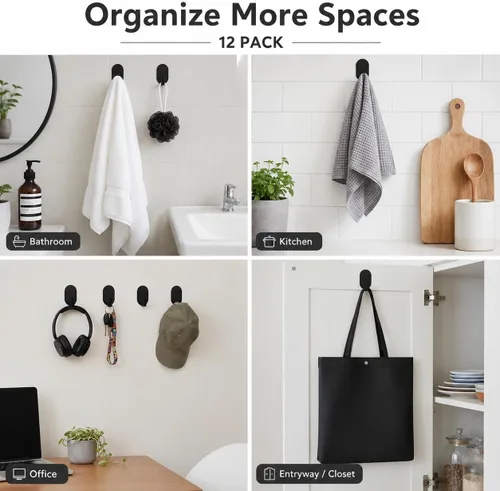 Vista 6 de Ganchos adhesivos de pared para colgar, paquete de 12 unidades, instalación sin taladro, ganchos extraíbles de acero inoxidable para baño, cocina