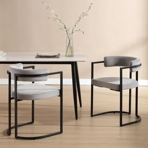 Vista 6 de Juego de 2 sillas de comedor de terciopelo gris, sillas de comedor modernas con respaldo cómodo, silla de comedor tapizada, sillón decorativo
