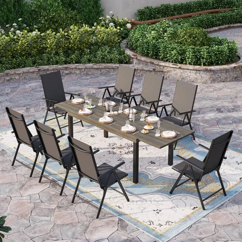 Vista 11 de Sophia & William Juego de comedor de patio para 8 personas, juego de mesa de comedor al aire libre grande cuadrada de metal negro y 8 sillas