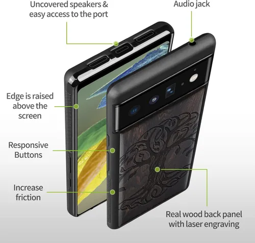 Vista 8 de Carveit Funda de madera para Pixel 6 [madera real dura y TPU suave] a prueba de golpes, funda protectora híbrida única y elegante de madera