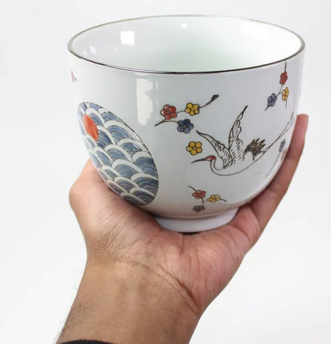 Vista 4 de Grúa japonesa de calidad de porcelana de porcelana profunda de alto brillo lacado juego de cuencos para servir sopa, fideos, ensalada de arroz, apto