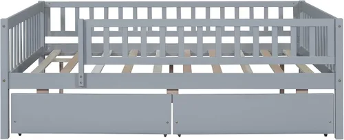 Vista 6 de Harper & Bright Designs Base de cama para niños de tamaño matrimonial con 2 cajones, sofá cama matrimonial de madera con valla, marco de cama