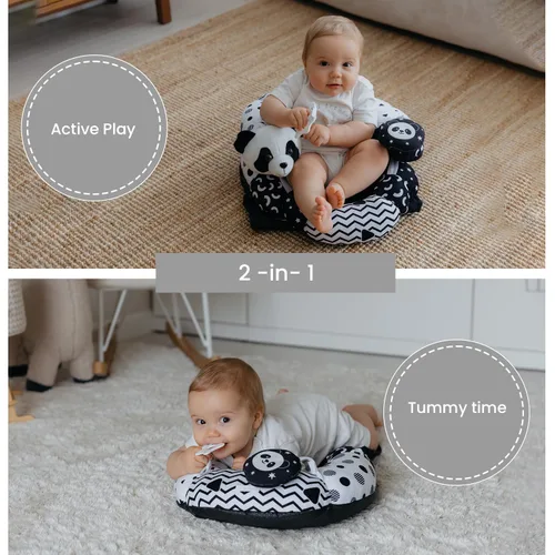Vista 4 de Aila+Aiden Alfombrilla 2 en 1 para el tiempo boca abajo y soporte sentado con dos juguetes, para recién nacidos y bebés, incluye cojín desmontable