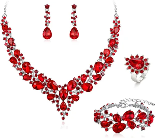 Vista 20 de BriLove - Juego de joyas de boda con cristales austriacos, collar, aretes y pulsera para mujer 01-Tono plateado transparente