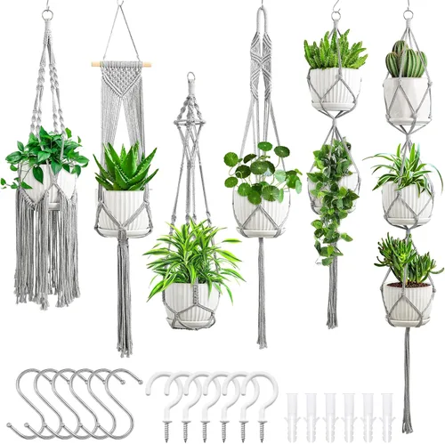 Vista 9 de SFENNGPET - Paquete de 6 perchas de macramé para plantas, juego de 6 perchas colgantes para plantas de interior con kit de 6 perchas hechas a mano