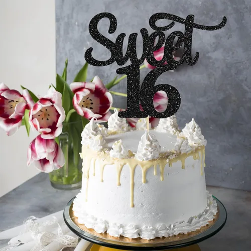 Vista 5 de Gyufise 1 decoración para tartas de 16 años con purpurina negra para cumpleaños de 16 años, decoración para felicitaciones a 16 años de edad