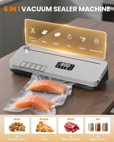 Vista 8 de Máquina selladora al vacío de alimentos, succión fuerte de 75 KPa, temporizador digital, cortador integrado, función de pulso, modos seco y húmedo
