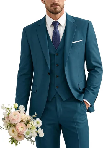 Vista 35 de Traje de 3 piezas para hombre con corbata, chaleco sólido de un botón y beige (529-beige)
