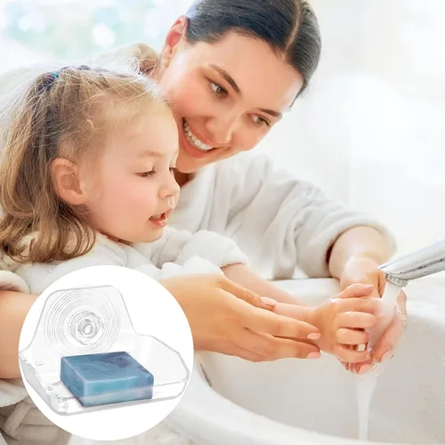 Vista 4 de Jabonera autoadhesiva para montar en la pared, protector de jabón de plástico, soporte de esponja para pared de ducha, baño, cocina (transparente A))