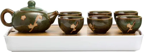 Vista 9 de Juego de té de cerámica chino/japonés, 100% hecho a mano, juego de ceremonia de té tradicional con teteras, 6 tazas de té, bandeja de té de bambú