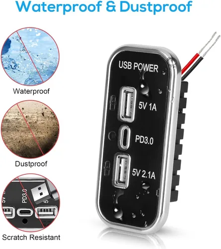 Vista 4 de Linkstyle Toma de corriente USB de 12 V, doble USB A y USB C de 18 W, panel de enchufe de cargador rápido con luz LED para montaje empotrado