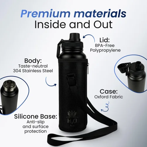 Vista 2 de Botella de agua prémium de 1 litro (33.8 onzas) con funda de transporte y correa, botella de agua de acero inoxidable aislada al vacío de doble Negro
