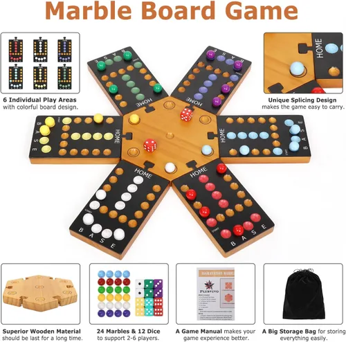 Vista 3 de Juego de mesa de mármol, juego de mesa de madera para 4 y 6 jugadores, juego de mármol original portátil con 24 canicas, 12 dados para familiares