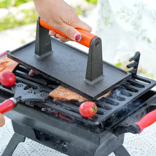 Vista 2 de Sungmor - Prensa de parrilla de hierro fundido resistente, 22.1 cm x 10.9 cm, prensa de hamburguesa rectangular, aplastador de tocino con mango