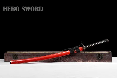 Vista 2 de Espada katana templada de arcilla Sanmai de acero plegado, navaja real, afilada, espiga completa, auténtica, samurái, armas japonesas, rojo