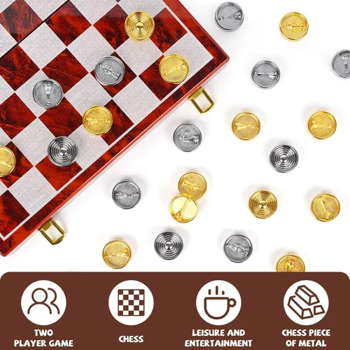 Vista 3 de Juego de ajedrez y damas de metal 2 en 1 para adultos y niños - Juegos de ajedrez de viaje de lujo de madera plegable con almacenamiento - Juego