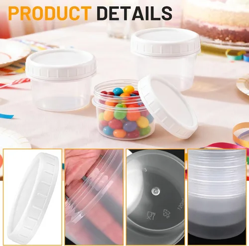 Vista 3 de Paquete de 24 tarros de almacenamiento de alimentos de 4 onzas (4.1 fl oz) con tapas de rosca Reusable Small Refrigerated Jars Plastic Freezer