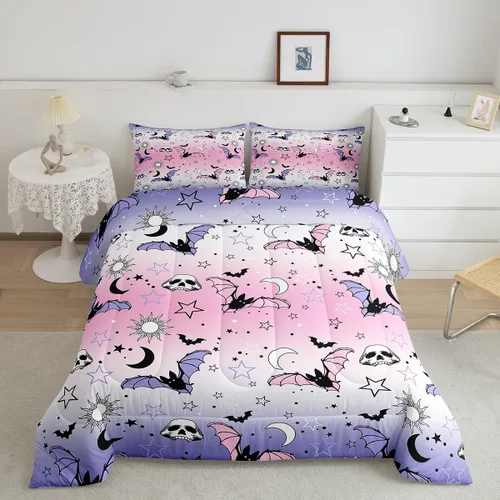 Vista 43 de Feelyou Juego de edredón de Halloween, color rosa fantasma, juego de ropa de cama tamaño individual, decoración para niños y niñas, lindo juego