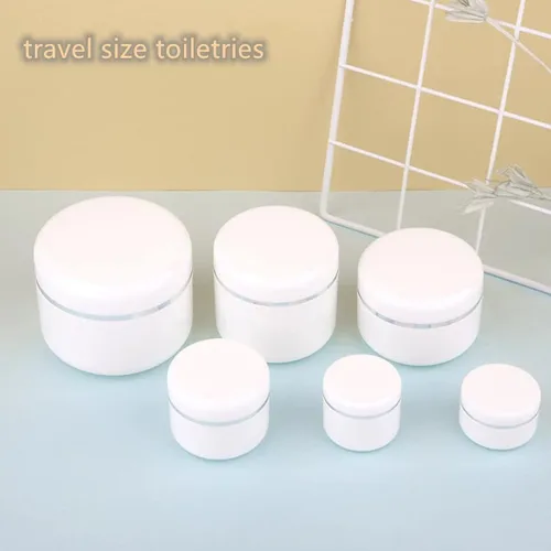 Vista 3 de Recipientes de viaje de plástico vacíos para artículos de tocador, pequeños frascos de muestra con tapa de rosca de borde plateado, recipientes