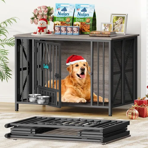 Vista 9 de EasyCom Muebles plegables para perros, jaulas de 31.5 pulgadas para perros pequeños/medianos, perrera de madera para interiores con etiqueta