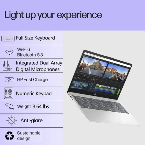 Vista 3 de HP 15.6" FHD Laptop, Intel N100 Processor, Customized 16GB RAM, 256GB NVMe SSD, WiFi 6, Bluetooth 5.3, Windows 11 Home, Natural Silver