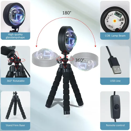 Vista 2 de Balkwan Lámpara de Proyección de Puesta de Sol con Rotación LED Romántica Moderna Soporte de Pie Luz Nocturna con USB para Sala de Estar Dormitorio
