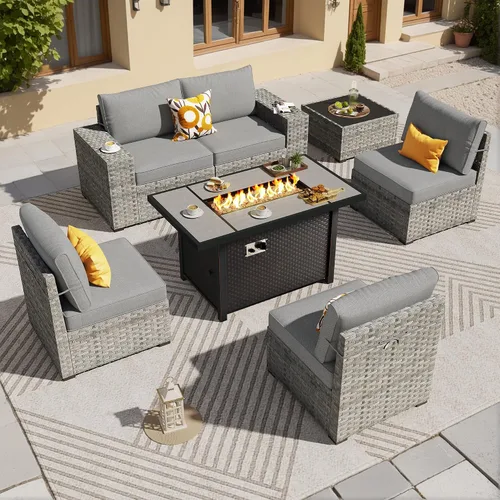 Vista 11 de ovios Juego de muebles de patio de 6 piezas, sofá seccional de mimbre para exteriores con mesa auxiliar, cómodos cojines, moderno sofá modular Beige