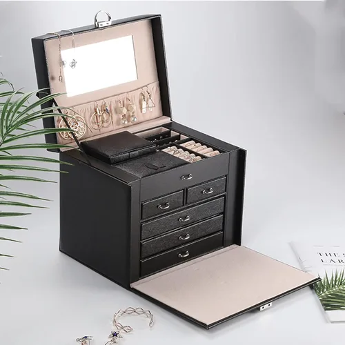 Vista 7 de DREAM&GLAMOUR - Cajas de joyería grande, de piel sintética, organizador de joyas de piel sintética con espejo y cerradura. Caja de almacenamiento
