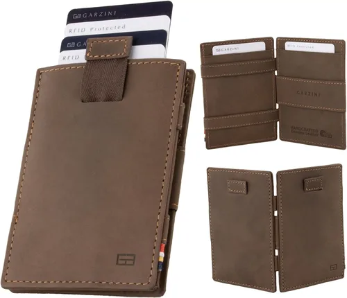 Vista 13 de GARZINI Cartera mágica con tirador, cartera minimalista con tarjetero RFID, cartera de cuero para 12 tarjetas, 07 Negro cepillado, Minimalista