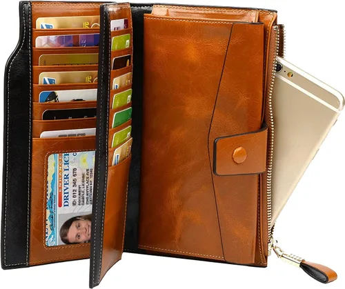 Vista 10 de Cartera plegable de cuero de gran capacidad con bloqueo RFID para mujer