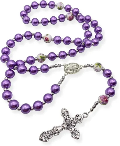 Vista 3 de Nazareth Store Rosario de cuentas de perlas moradas, collar de metal, medalla milagrosa y rosario de cruz para hombres y mujeres para hombres