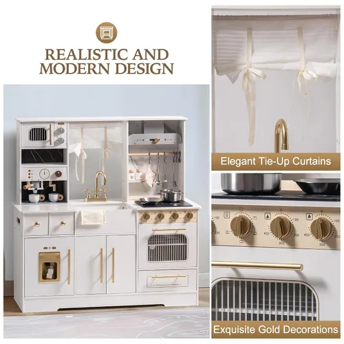 Vista 4 de ROBOTIME Juego de cocina de madera para niños pequeños y niños, juego de cocina de juguete con máquina de hielo y cafetera, juego de cocina realista