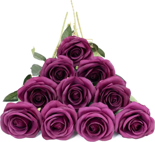 Vista 18 de DuHouse 10 rosas falsas de seda artificial, color morado otoñal Púrpura Otoño