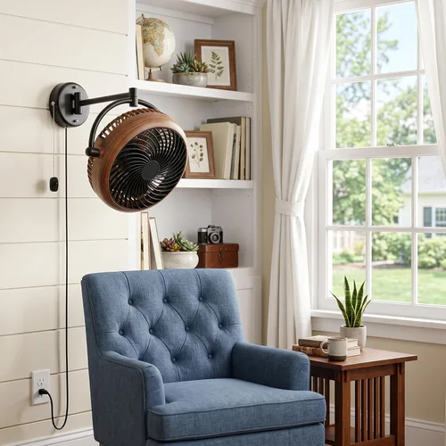 Vista 9 de Wall Mount Fan with Folding Arm 10 Inch Small RV Wall Fan Quiet Oscillating Nogal