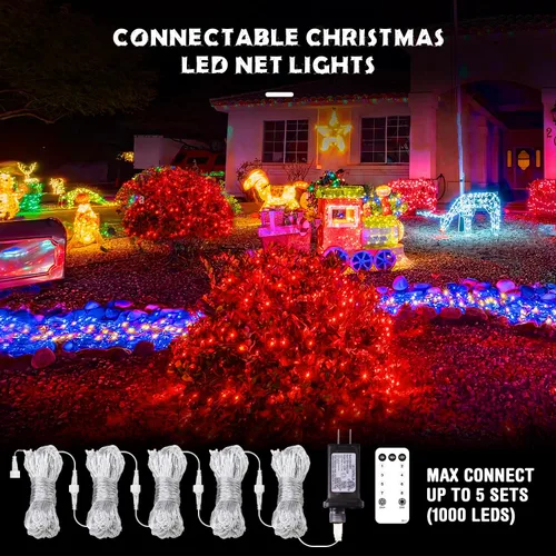 Vista 6 de JMEXSUSS 200 luces LED rojas de red de Navidad, 9.8 pies x 6.6 pies, luces de arbusto de Navidad conectables con control remoto, 8 modos de enchufe