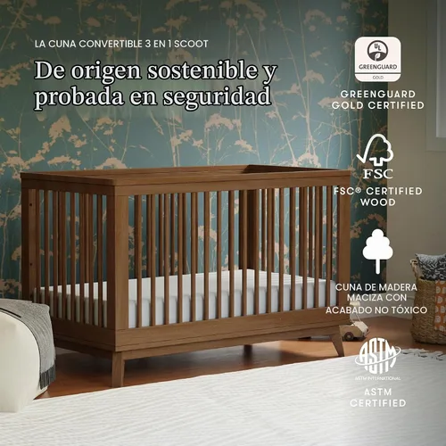 Vista 5 de Babyletto Scoot Cuna convertible 3 en 1, nogal natural GREENGUARD Gold Certified, Converts to Toddler Bed & Daybed - 4 Adjustable Mattress Heights