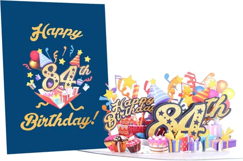 Vista 2 de iGifts And Cards Tarjeta desplegable 3D de feliz cumpleaños 84 – Diseño azul con números de purpurina, globos, pasteles y regalos – Tarjeta