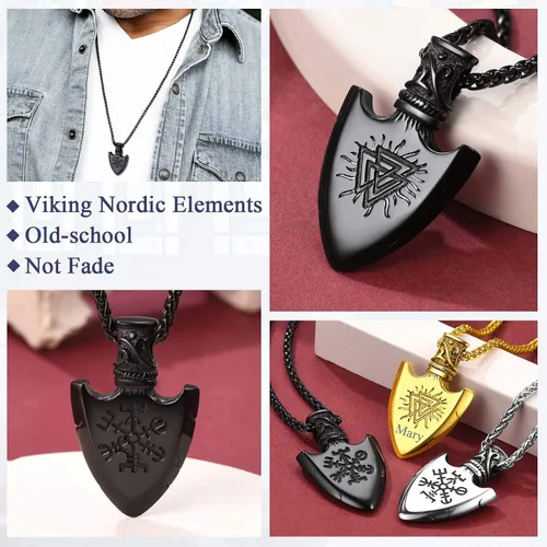 Vista 3 de FaithHeart Collar con colgante de runas vikingas nórdicas, martillo de Thor, brújula nórdica, Odín, cuervo, para hombres y mujeres, con embalaje