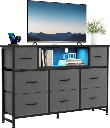 Vista 10 de DUMOS - Cómoda para TV con 8 cajones de tela, cómoda, color negro APP Control LED Lights and Type-C Charging Station, Fabric Storage Tower TV