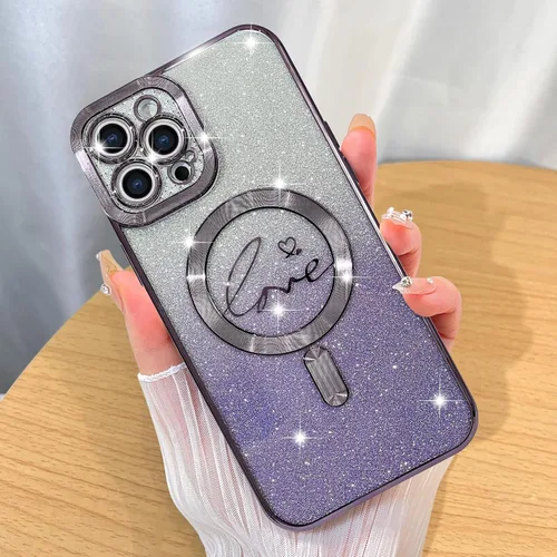 Vista 7 de ZIYE - Funda magnética diseñada para iPhone 13 con purpurina, color negro Luxury Plating Love Heart Compatible with MagSafe Camera Protection