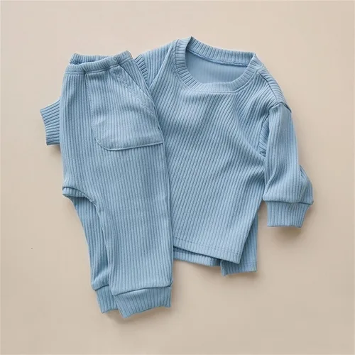 Vista 3 de Conjunto de ropa de dormir de manga larga acanalada para niños y niñas pequeños para primavera e invierno