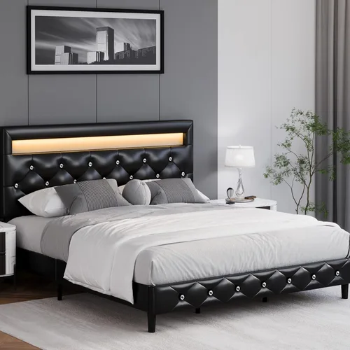Vista 3 de Base de cama tapizada moderna tamaño Queen con luces LED, marco de cama de plataforma de piel sintética de perfil bajo, cabecero ajustable