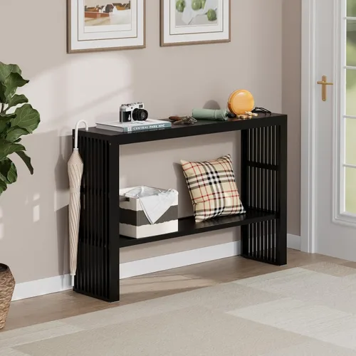 Vista 3 de Mesa consola estrecha de bambú de 47.2 pulgadas, mesa auxiliar de granja de 2 niveles, mesa de entrada rectangular, moderna mesa de sofá detrás