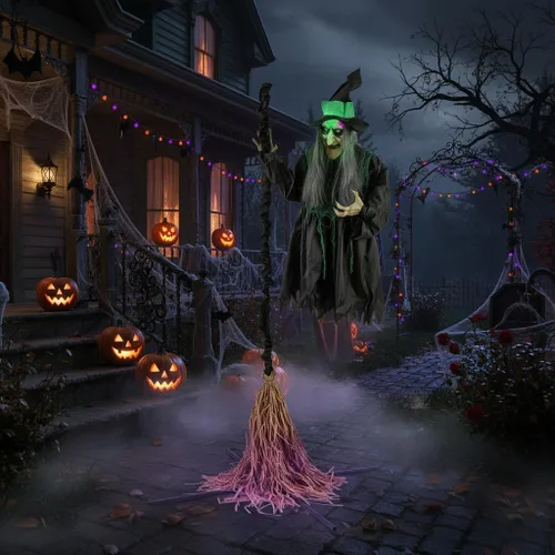 Vista 3 de Tangkula Bruja voladora de Halloween de 7 pies en decoración de escoba