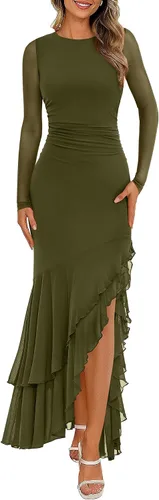 Vista 16 de BTFBM Maxi vestidos de mujer otoño 2026 manga larga vestido de invitada de Café