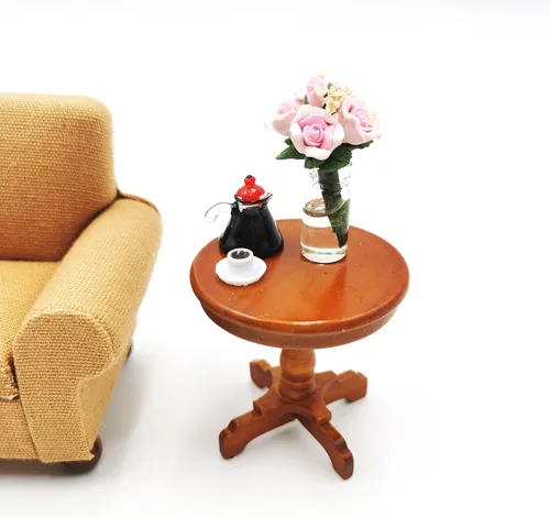 Vista 4 de Accesorios de decoración de casa de muñecas, muebles de casa de muñecas 1:12, mesa auxiliar redonda de madera en miniatura